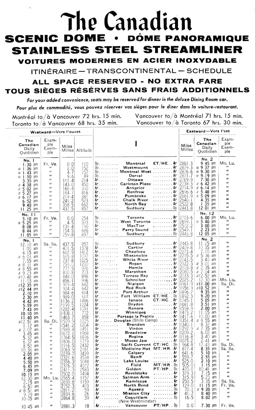 CPR "The Canadian" 1966 public timetable