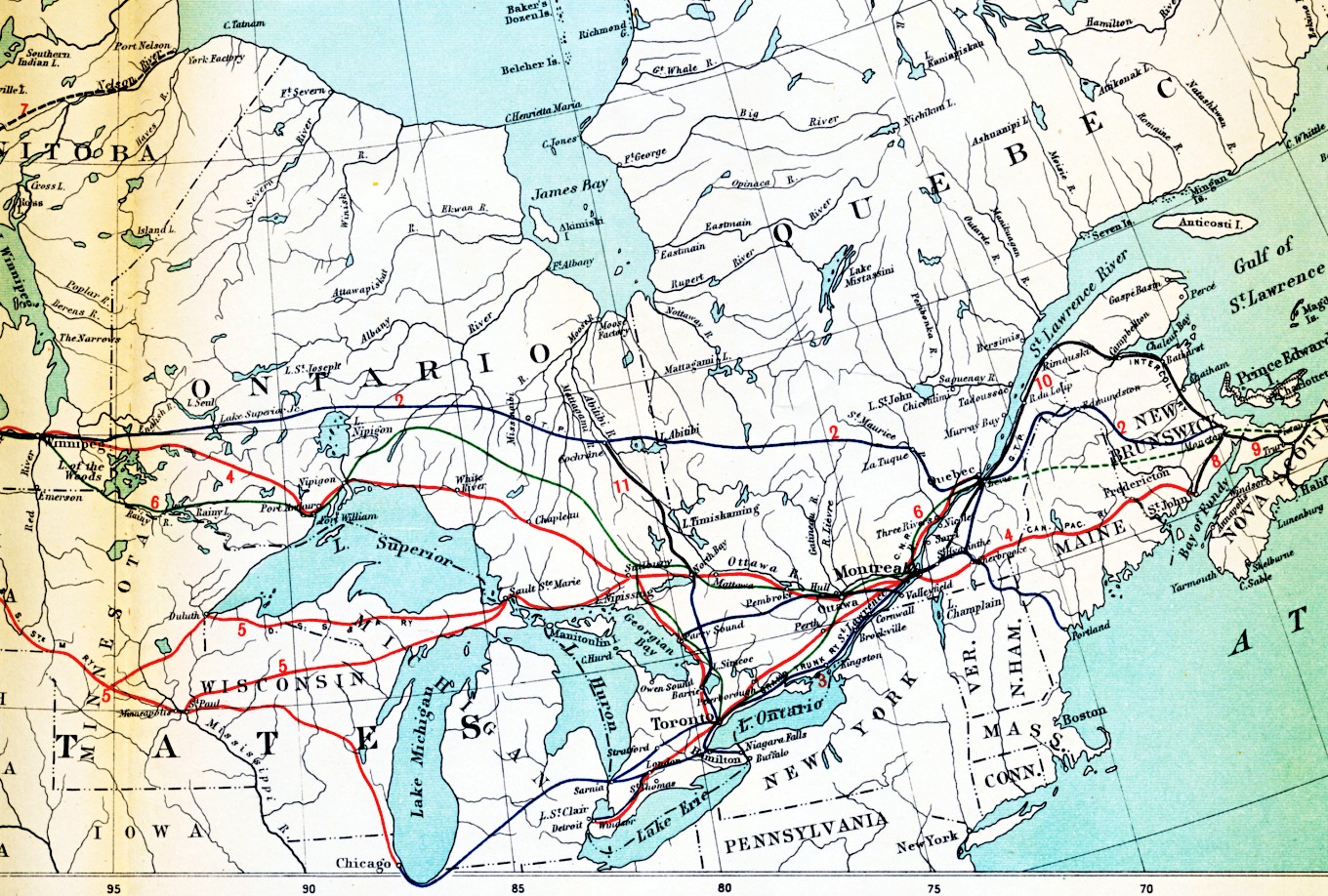 map Canadian railways east of Winnipeg 1915