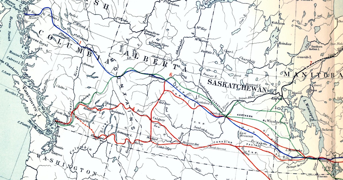 map Canadian railways west of Winnipeg 1915
