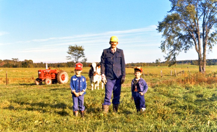 Michael, Bob, Andrew by tank bridge, Ayrshire dairy cows