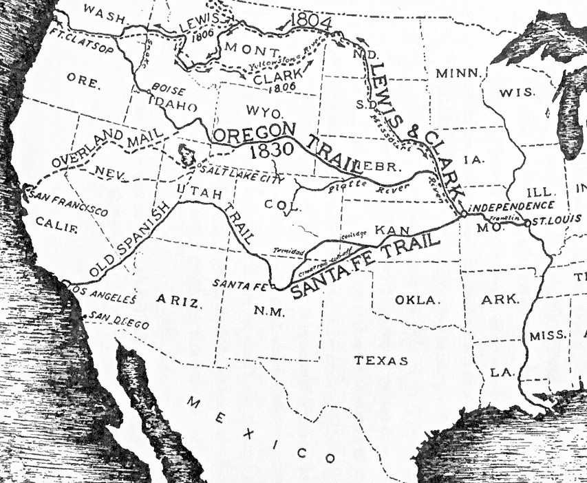 Map Lewis and Clark route and Oregon trail