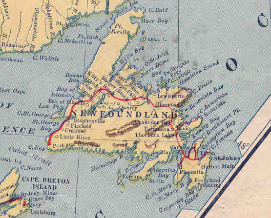 Newfoundland in the 1920s showing the route of the Newfoundland Railway