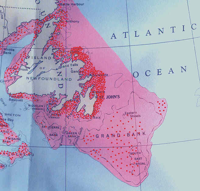Grand Banks, Newfoundland cod fishery map of 1957
