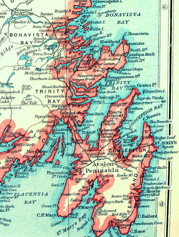 Newfoundland map, Avalon Peninsula showing early Newfoundland Railway routes