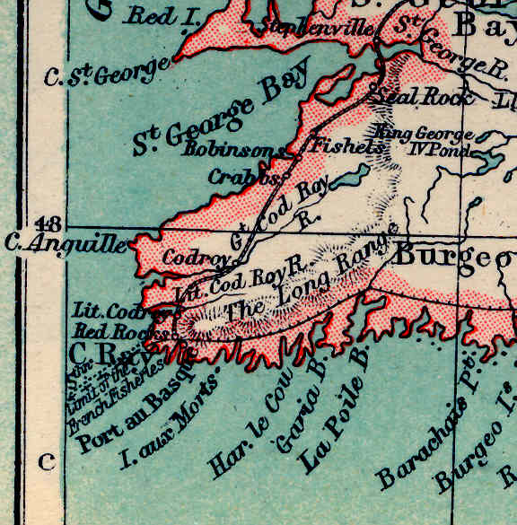 Newfoundland map, south-west corner showing French Shore boundary