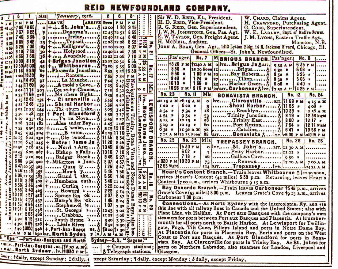 Reid Newfoundland Company, railway timetable