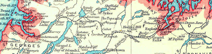 Newfoundland map: Humbermouth (Corner Brook) Deer Lake, The Topsails, Grand Falls, Bishops Falls