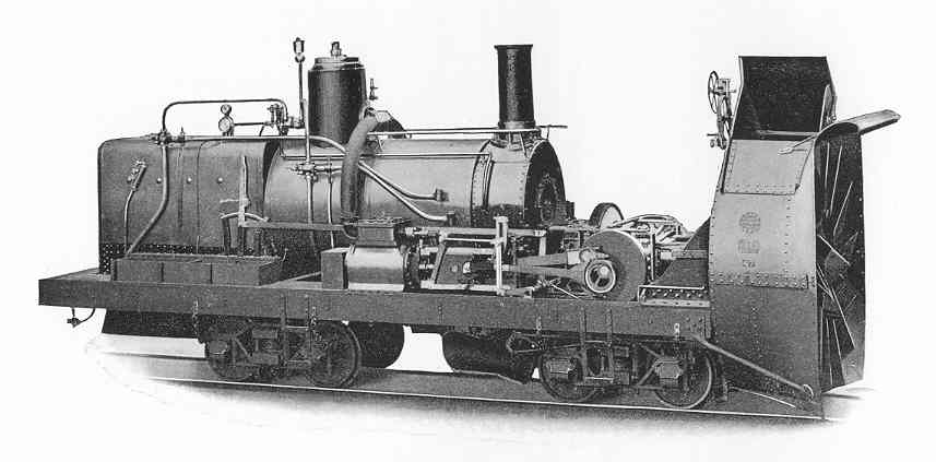 Steam powered rotary snowplow showing internal boiler, piston, driving rods