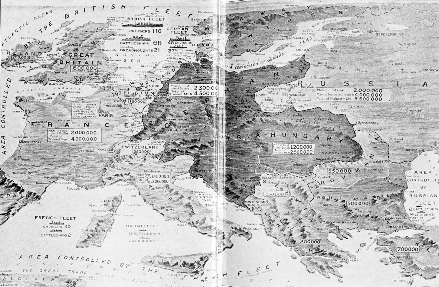 World War 1 map of Europe: national military strength circa 1915