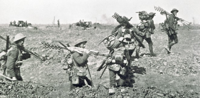 World War 1 British wiring party with screw in stakes.