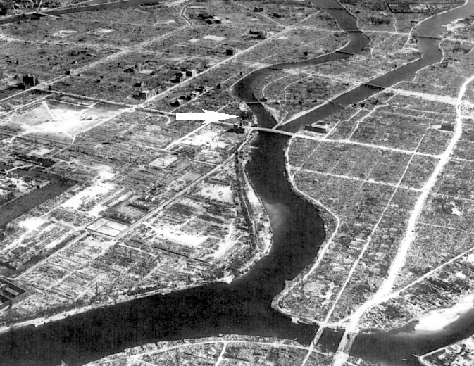 Hiroshima after bombing, showing Hiroshima Peace Memorial location.