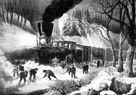 Early railway snow clearing method.