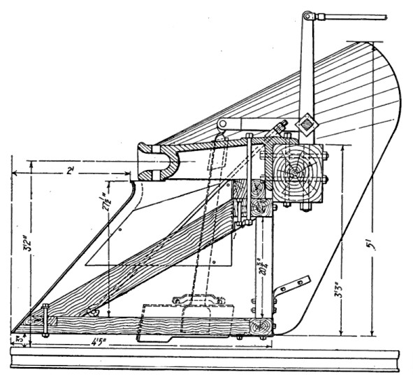 Railway pilot plow with flanger, side view.