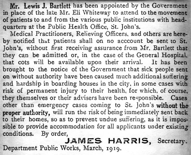 St. John's General Hospital notice 1919