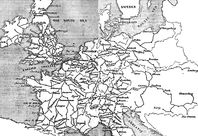 Telegraph lines of Europe in 1854.