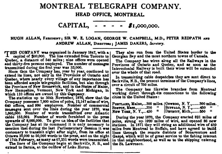 circa 1871 Montreal Telegraph Co advertisement.