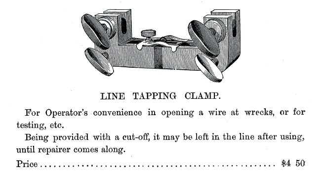 Line tapping clamp for remote telegraphy in emergency.
