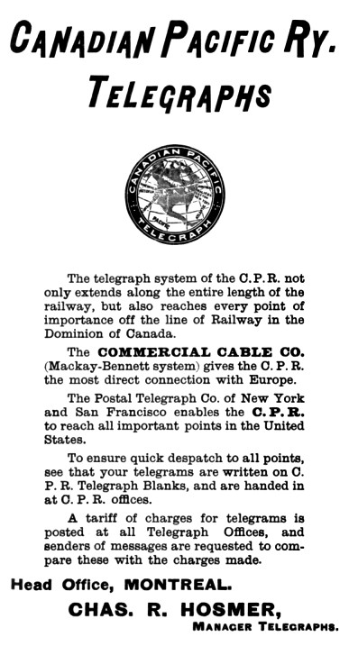 CPR telegraph advertisement 1892.